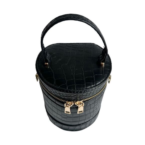 🔃Croc Embossed Black Cylinder Top Handle Crossbody Bucket Bag - Picture 5 of 10